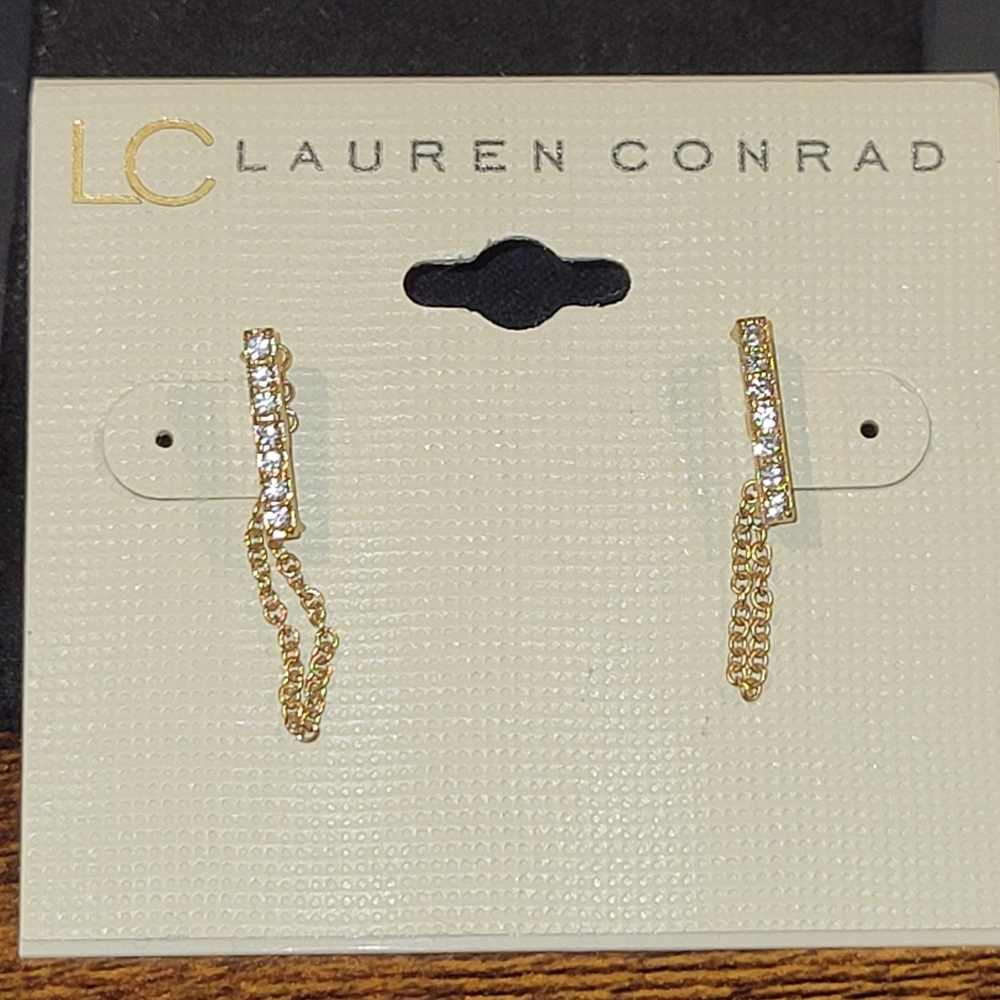 LC Gold Tone Bar and Crystal Drop Stud Earrings with Chain